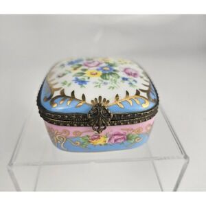 Vintage Limoges Style Porcelain Trinket Box Floral Gilt Ormolu Mount